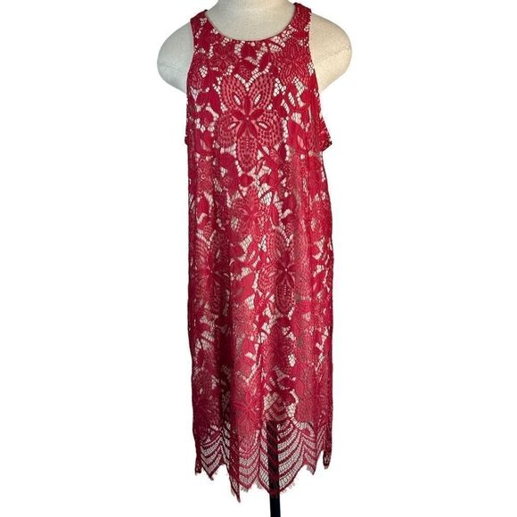 Express Red Floral Lace Overlay Cocktail Dress Womens Large Sleeveless Glam - Picture 2 of 11